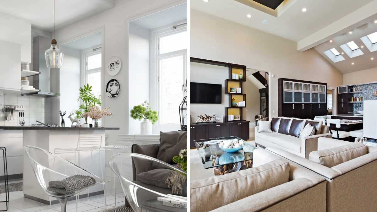 不同类型的客厅与厨房的照片拼贴。