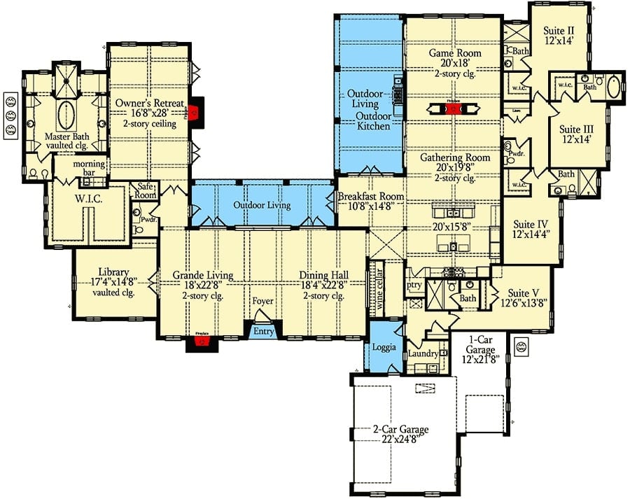 5卧室单层托斯卡纳住所的整个楼层平面图，有大客厅，餐厅，带早餐室的厨房，向室外开放，会客厅，游戏室，图书馆和五间卧室套房，包括主卧室，配有豪华套间，早晨酒吧和安全室。