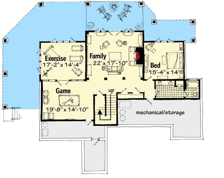低层平面图设有另一间卧室，一间完整的浴室，健身房，游戏室和一间通往后门廊的大型家庭娱乐室。