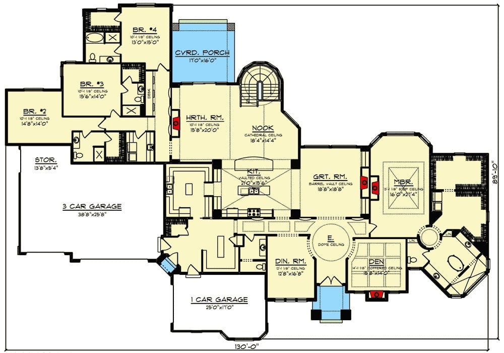 单层5卧室托斯卡纳家庭的主平面平面图，设有大房间，书房，四卧室，正式餐厅和带早餐角和炉房的厨房，可通往有盖的门廊。