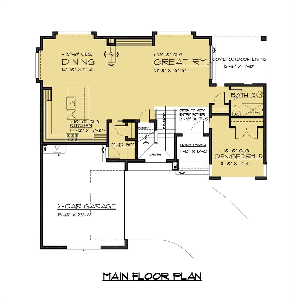 两层四卧室现代风格住宅的主层平面图，带入口门廊，大房间，共享餐厅和厨房，以及多功能书房/卧室。