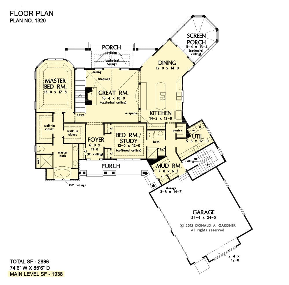 巴特勒岭(Butler Ridge)住宅的主层平面图，带有倾斜的车库，前后门廊，大房间，厨房，餐厅，餐厅通往封闭的门廊，公用设施，以及两间卧室，包括主要套房和多功能书房。