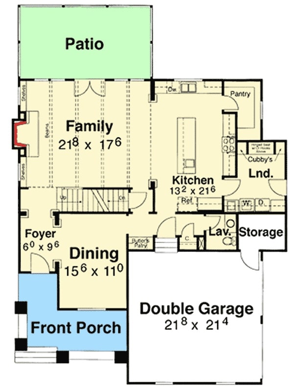 主级两层的平面图5-bedroom平房带回家一个门廊,双车库,正式饭厅,厨房,洗衣区,和一个家庭房间,打开后面的露台。