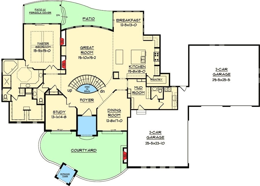 主级两层的平面图5-bedroom托斯卡纳带回家一个入口塔,一个院子,大房间,正式饭厅,厨房间储藏室和早餐角落,研究,和主套房,打开后藤架覆盖天井。