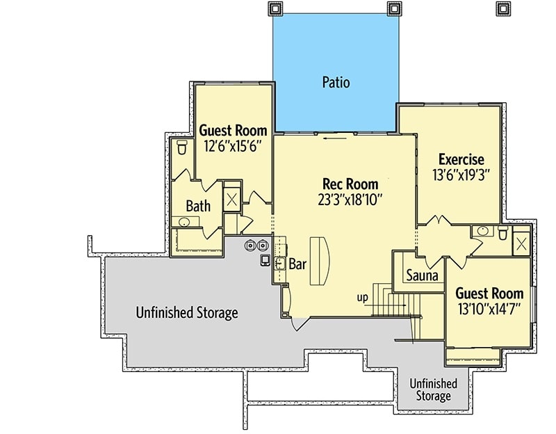 可选的低层平面图有两个额外的客房，健身房，桑拿房，和一个娱乐室，通往后露台。