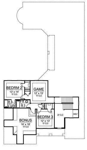 二层平面图,有两个卧室,一个大奖金的房间,和一个开放的游戏房间。