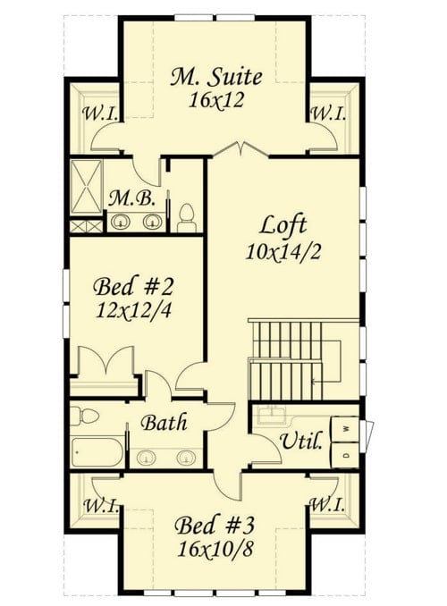 二层平面图带有阁楼，公用设施和三间卧室，包括主要套房。