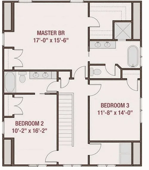 二级平面图和三个卧室包括主套房带私人浴室和一个大衣橱。