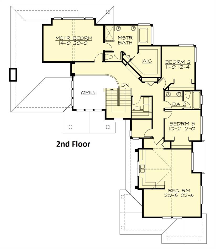 二层平面图有一个大的娱乐室和三间卧室，包括主卧室。