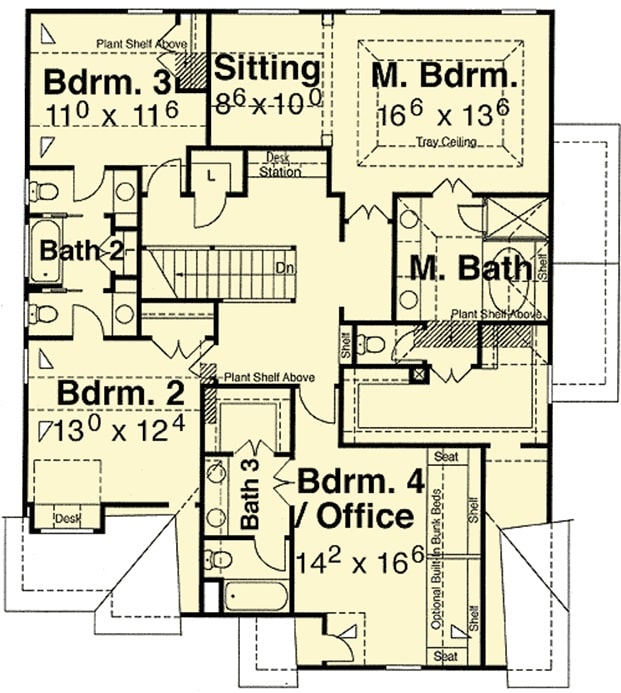 二级平面图和四个卧室包括主套房和多才多艺的办公室/卧室。