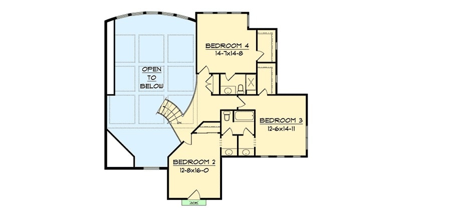 二级平面图有三间卧室和一个阁楼俯瞰下面的大房间。