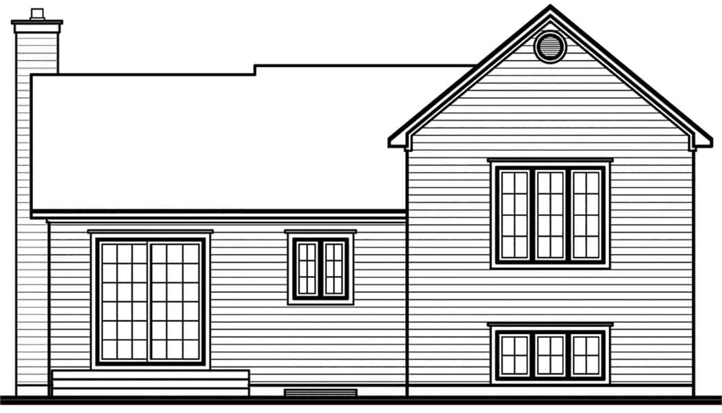 3间卧室的斯堪的纳维亚式单层Ramsay住宅的后立面草图。