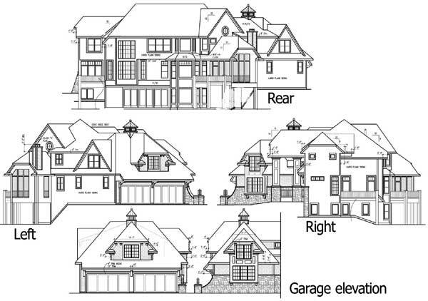 右、左、后和车库立面草图的5间卧室的两层新英格兰风格的家。