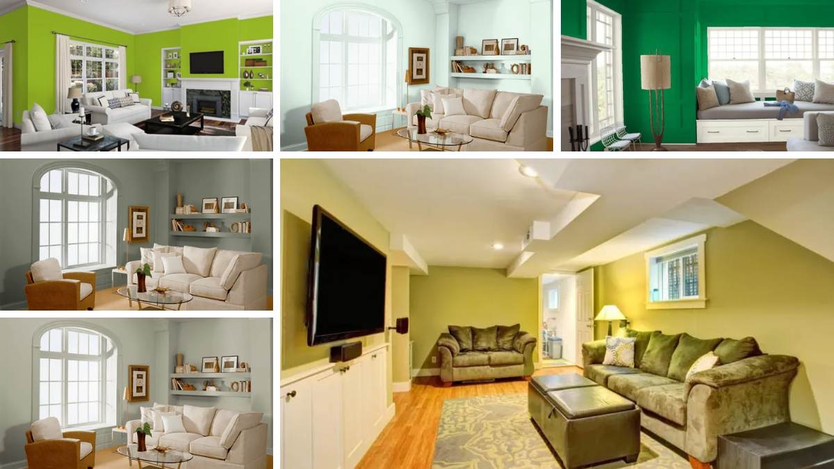 家庭房间的绿色油漆颜色选项的照片拼贴。