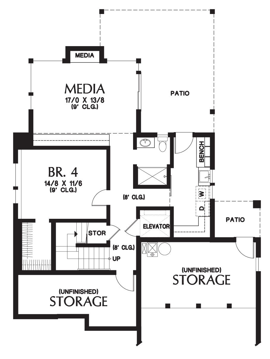 底层平面图与另一个卧室,媒体室,效用和未完成存储房间。