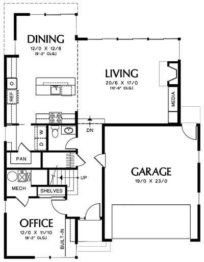 主层平面图是一个2卧室的两层中世纪住宅，带有双车库，办公室，起居室和餐厅，厨房，公用设施和带桑拿的浴室。