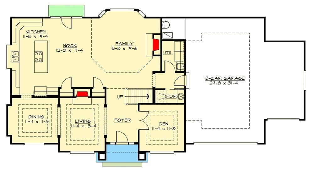 一个两层楼高的三卧室西北工匠住宅的主要平面平面图，设有门厅，一个安静的书房，客厅，正式餐厅，厨房，家庭娱乐室和杂物间。