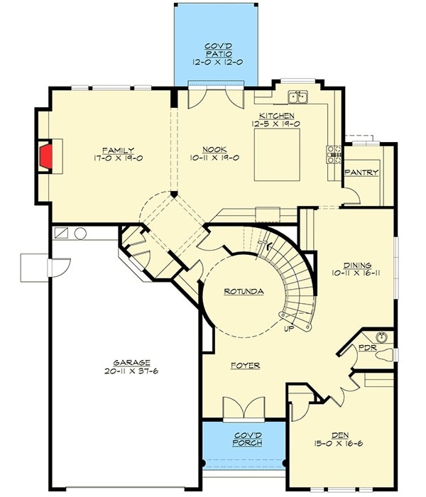 两层四卧室斜桁式住宅的主要楼层平面图，带有前后门廊、圆形门厅、书房、家庭娱乐室、餐厅和带早餐角和露台的厨房。