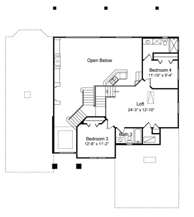 二楼平面图有两个额外的卧室，两个浴室和一个巨大的阁楼。