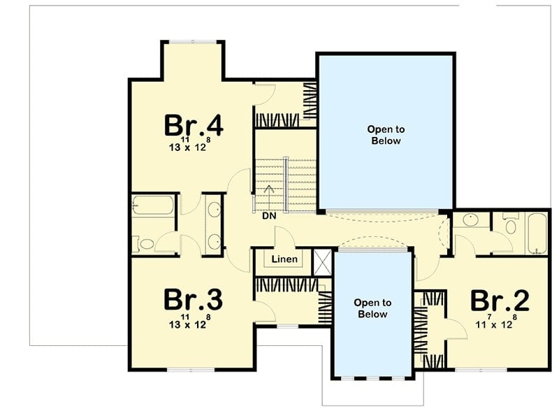 二楼平面图有三间卧室，其中两间共用杰克和吉尔浴室，而另一间卧室则享有私人浴室。
