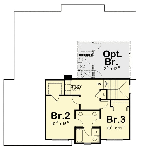 二楼平面图有两间卧室，一间杰克和吉尔浴室，还有一间可选的卧室。