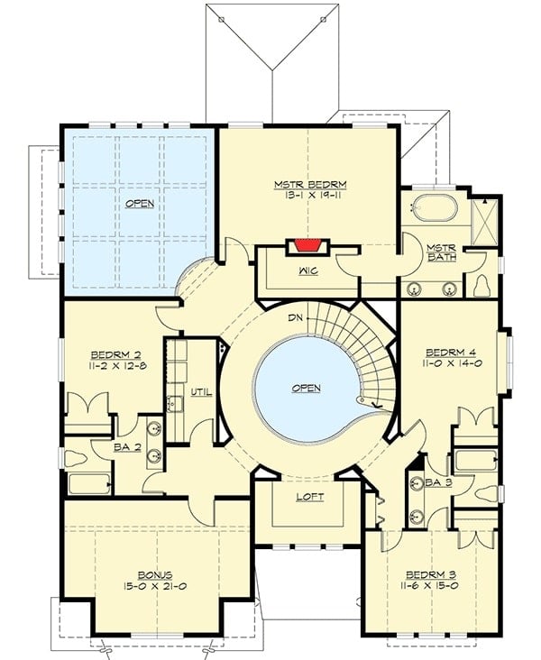 二层平面图有四间卧室，一个大的奖励房间，和一个俯瞰下面圆形大厅的开放式阁楼。