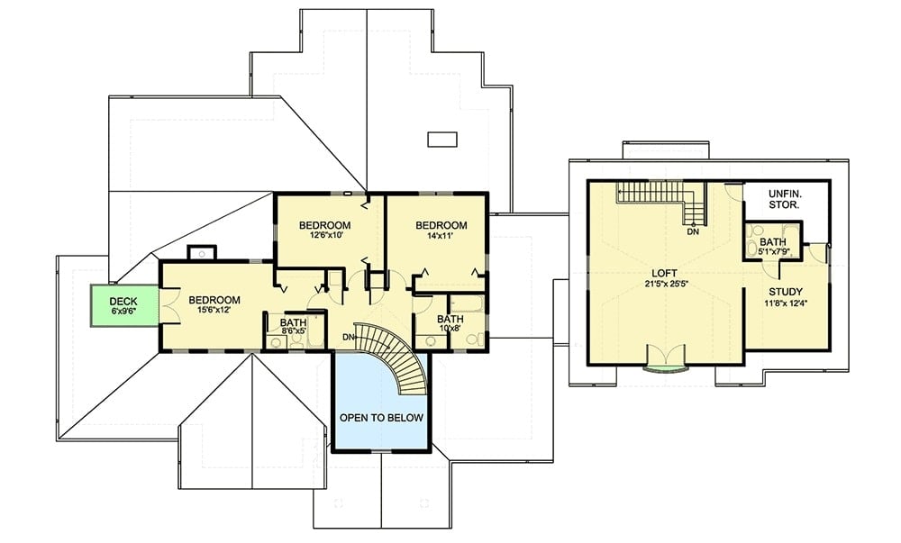 二层平面图有三间卧室和一个车库阁楼，配有书房、浴室和未完成的储藏室。