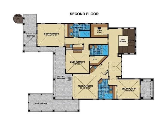 二层平面图有三间卧室，一间媒体室和一个宽敞的阳台。