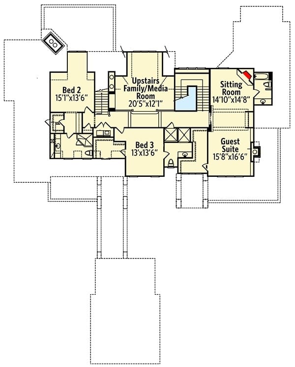 二层平面图，设有家庭/媒体室，两间卧室和一间客房，配有完整的浴室，步入式衣柜和一个大客厅。