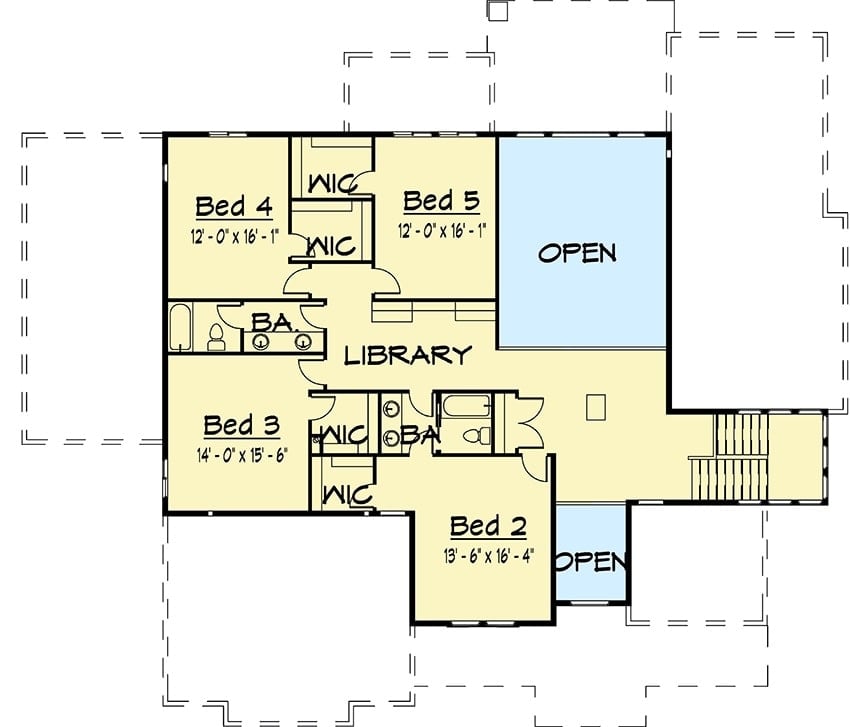 二层平面图有四间卧室，两间浴室和一个图书馆。