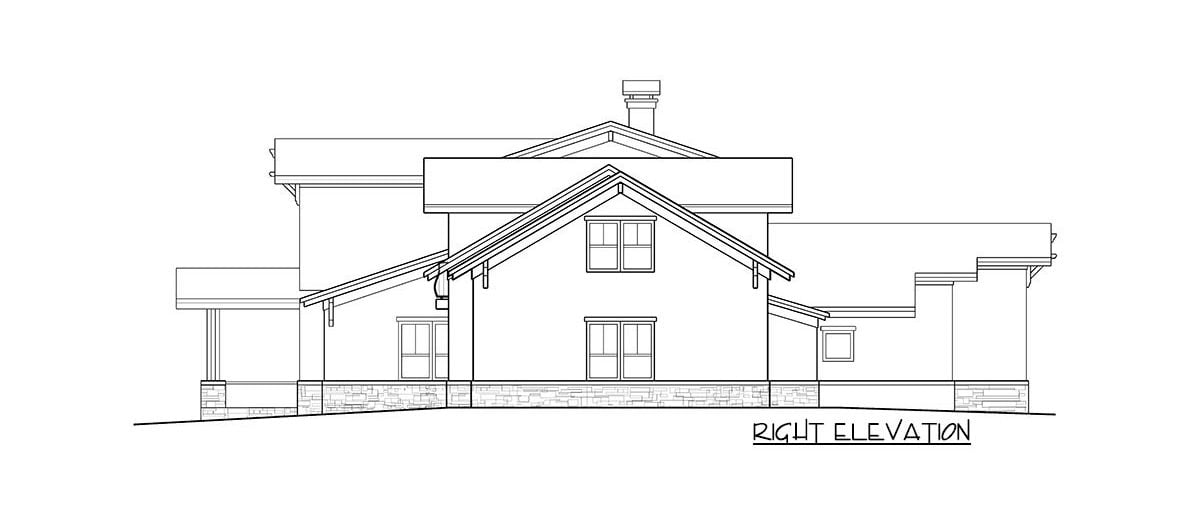 两层四卧室的草原匠人住宅的右立面草图。
