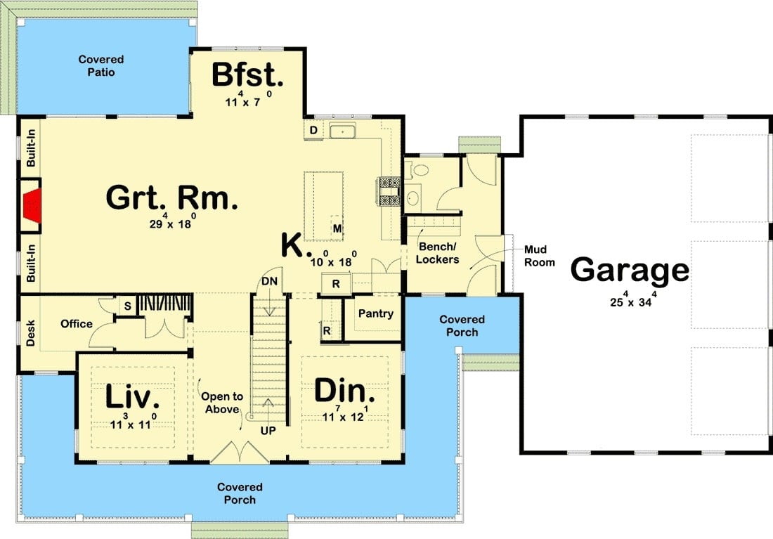 4间卧室的两层现代农舍的主要楼层平面图，带有环绕式前廊，客厅，用餐区，带早餐角的厨房，大房间和侧载车库。