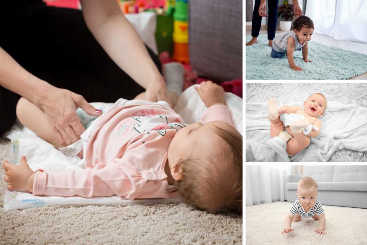 地毯上不同婴儿的照片拼贴。