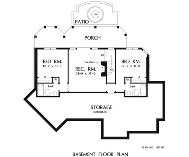 地下室平面图有两间卧室，还有一间通往门廊的娱乐室。