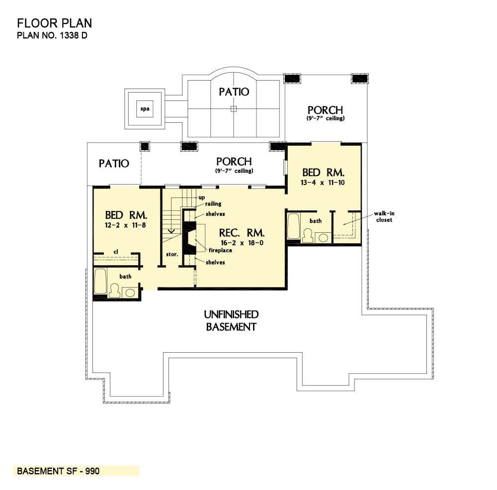 地下室平面图，有两间卧室，两间浴室和一间通往后门廊的休闲室。