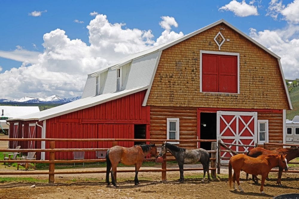 这是农场里的马厩，在大型马场旁边，有好几匹马。图片来自Toptenrealestatedeals.com。