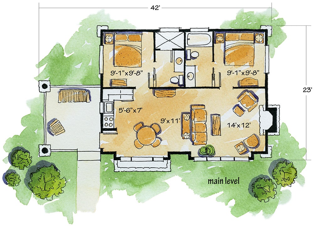 一个单层的2间卧室的山的房子的整个平面图有带顶棚的门廊，厨房，客厅和两间卧室，每个都有自己的浴室。