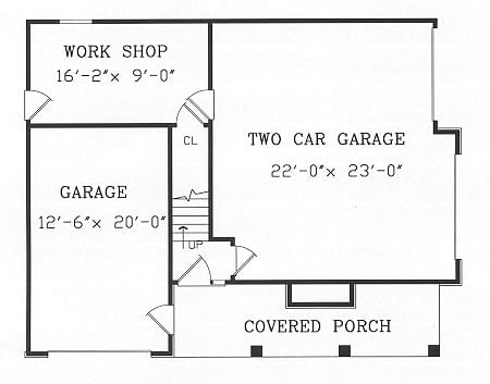 一间1卧室的两层楼Highpoint 2小屋的主层平面图，带有带顶棚的门廊，两个车库和一个工作间。