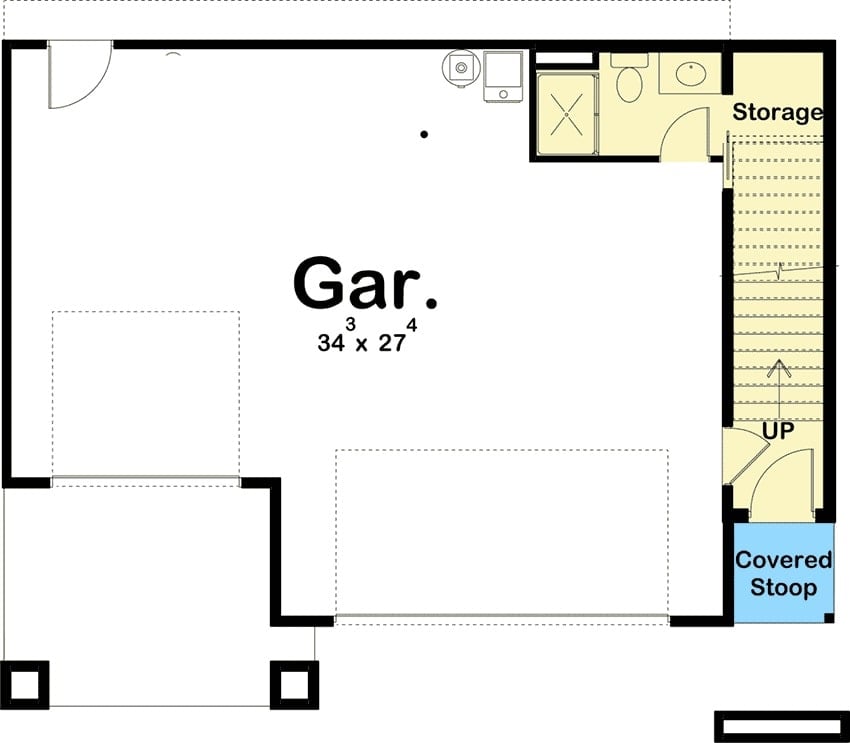 2间卧室的两层现代马车住宅的主层平面图，带有带顶棚的门廊，两车车库和带存储空间的完整浴室。