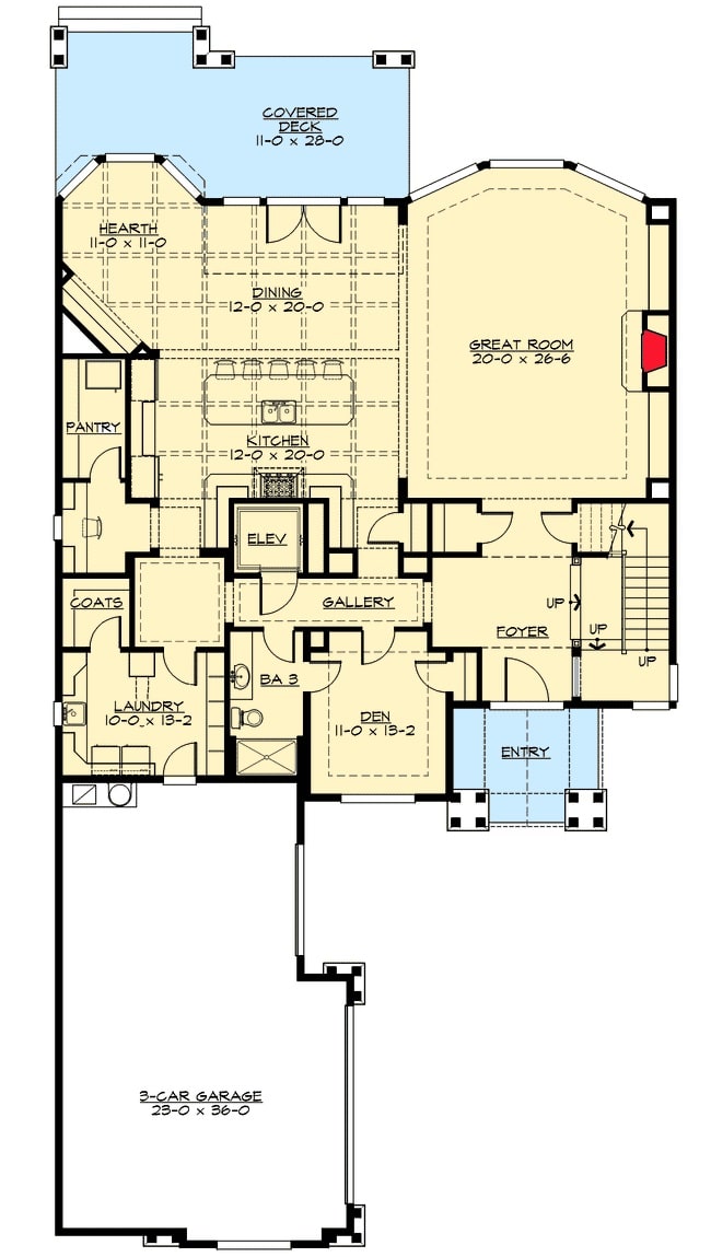 3间卧室的两层科德角住宅的主层平面图，设有门厅，大房间，书房，洗衣房，厨房，壁炉和餐厅，可通往有盖的后甲板。