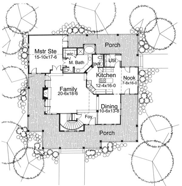 3主级平面图的卧室两层高的乡村风格自由希尔家的玄关,客厅,主套房,正式饭厅,厨房早餐角落。