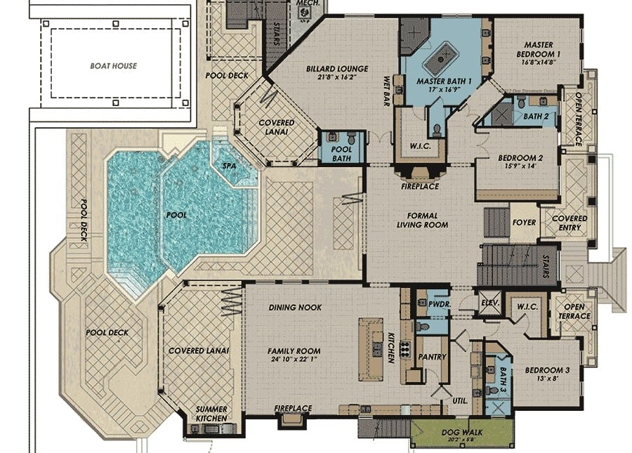 佛罗里达州一栋4间卧室的两层住宅的主层平面图，带有正式的客厅、家庭娱乐室、厨房、餐厅角落、三间卧室和一个延伸到有顶阳台的台球厅。