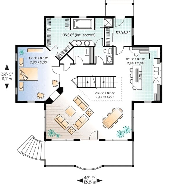 两层三卧室梦幻小屋的主楼层平面图，设有客厅，用餐区，厨房和带休息区的主套房。