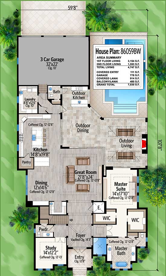 两层四卧室南方住宅的主要楼层平面图，设有大房间，用餐区，厨房，书房，洗衣主套房和大量户外空间。