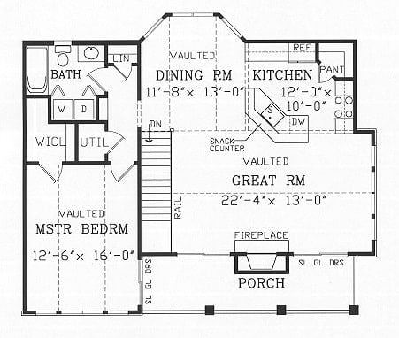 二层平面图带有前廊，大房间，厨房，餐厅，完整的浴室，公用设施和拱形的主卧室。