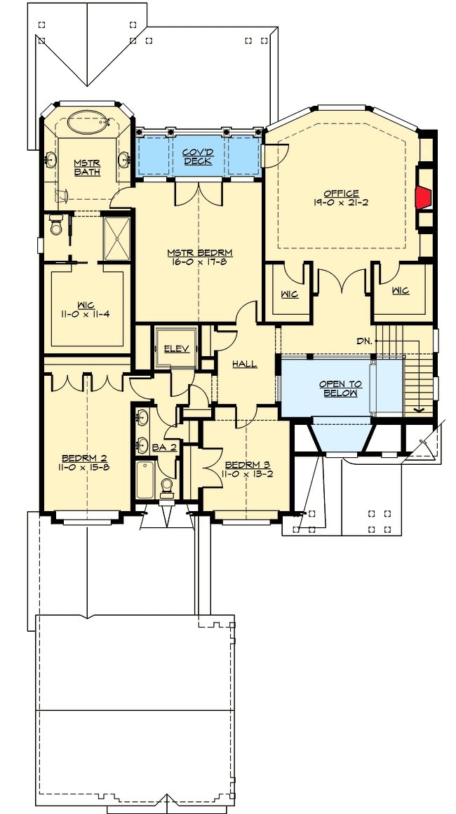二层平面图有一间办公室，两间卧室和一间带私人甲板的主要套房。