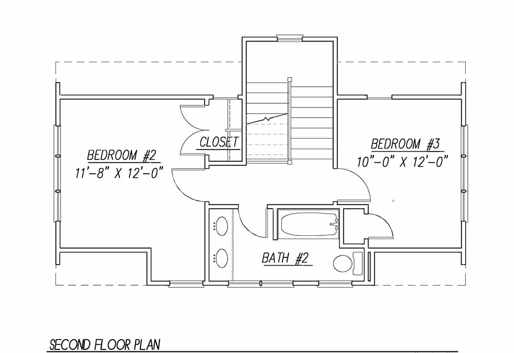 二层平面图有两间卧室和一个共用浴室。