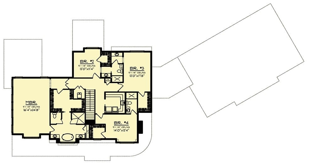 二层平面图有三间卧室和一个带大步入式衣柜的主套房。