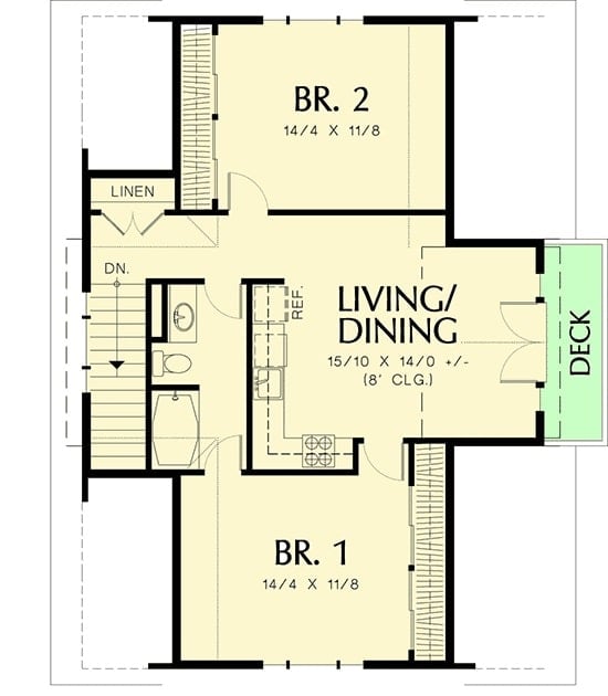 二楼平面图有两间卧室，杰克和吉尔浴室，厨房，以及通往甲板的共享客厅和餐厅。