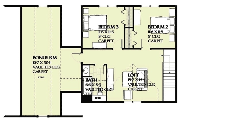 二层平面图有两间卧室，一个拱形阁楼和一个大的奖励房间。
